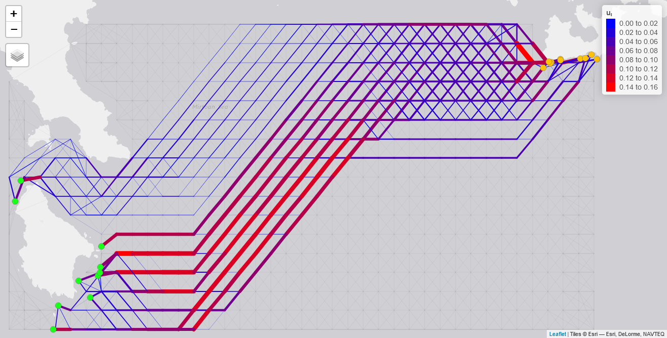 Figure 3: Final solution of the algorithm. Stronger corridors origin on
  the left (Kythira) to the destination on the right (Milos) are indicated with
  more red and wider lines. The origin random points are in neon green and the
  destination points in mikado yellow.